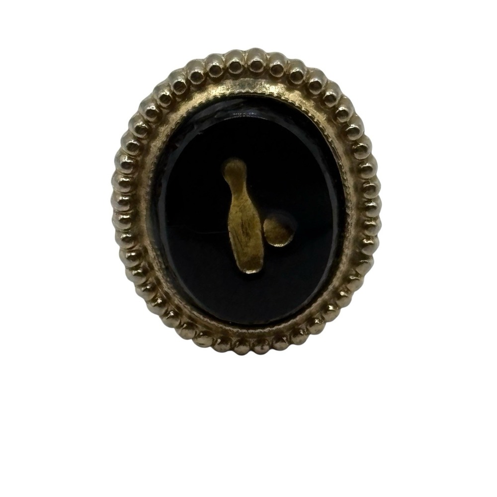 VTG Bowling Pin Tie Tack Black Gold Tone Metal Necktie Pin Oval‎ Mini Textured